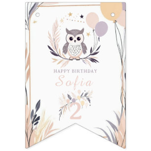 Pastel Boho Owl und Balloons Geburtstag Wimpelkette