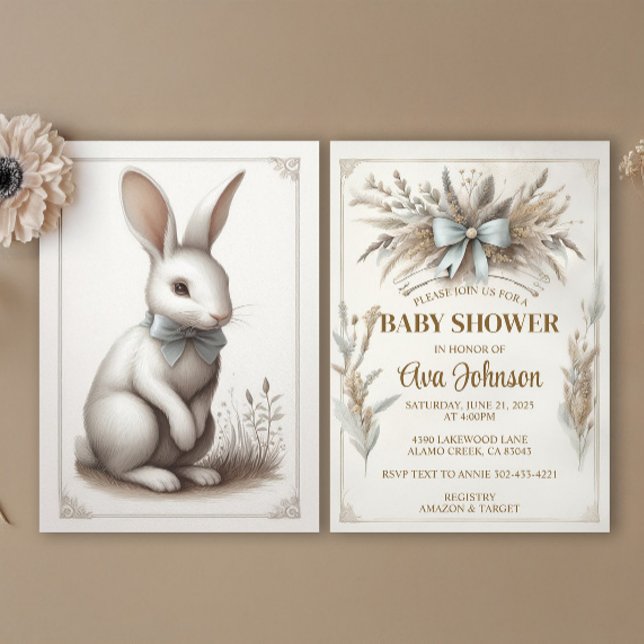 Pastel Boho Rabbit Einladung (An elegant spring bunny rabbit design with boho florals in pale blue, taupe and ivory. )