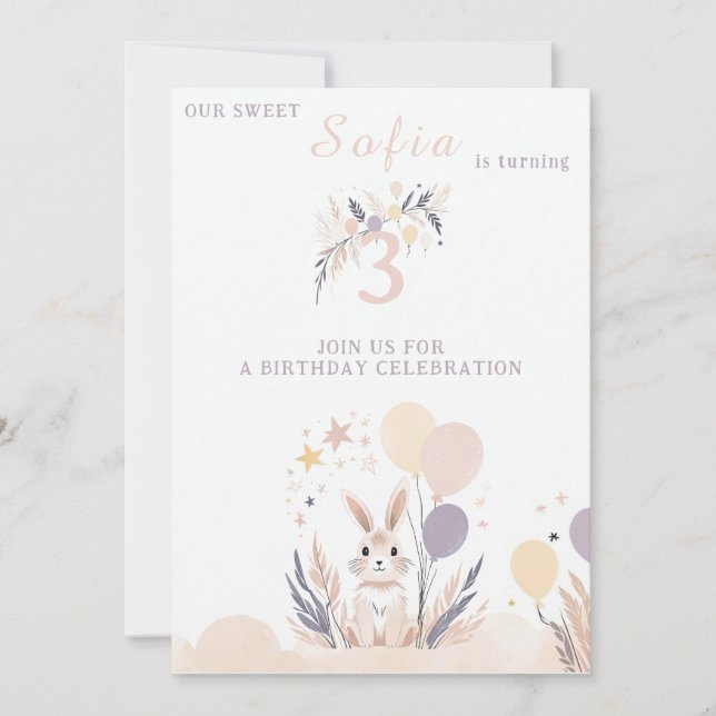 Pastel Boho Rabbit und Balloons Geburtstag Einladung (Vorderseite)