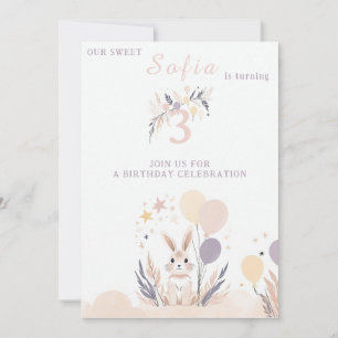 Pastel Boho Rabbit und Balloons Geburtstag Einladung