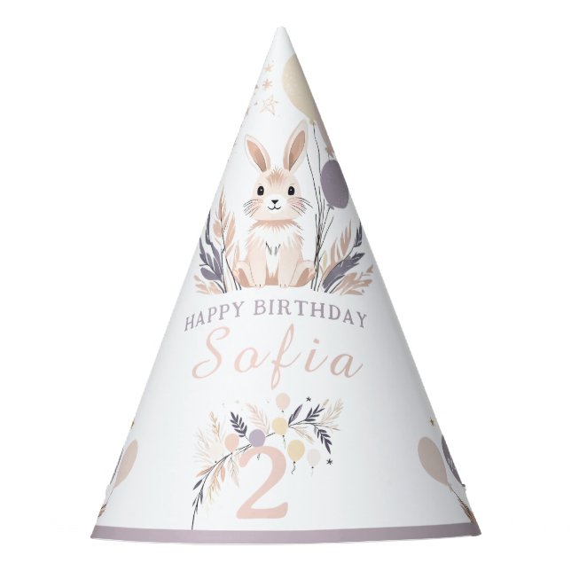 Pastel Boho Rabbit und Balloons Geburtstag Partyhütchen (Vorderseite)