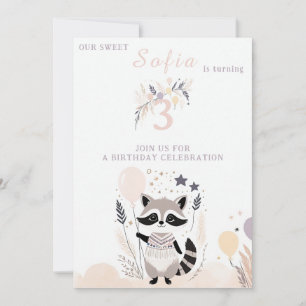 Pastel Boho Raccoon und Balloons Geburtstag Einladung