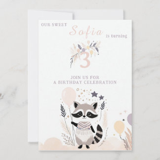 Pastel Boho Raccoon und Balloons Geburtstag Einladung