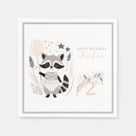 Pastel Boho Raccoon und Balloons Geburtstag Serviette