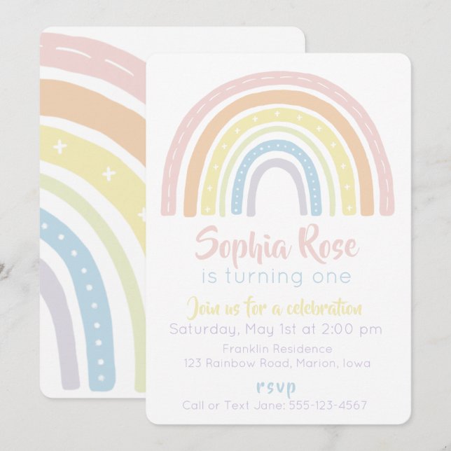 Pastel Boho Rainbow Einladung zum Geburtstag (Vorne/Hinten)