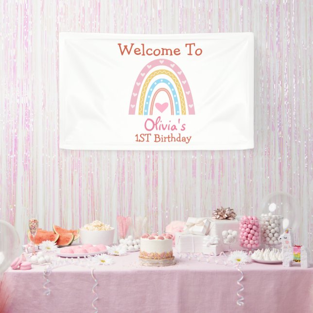 Pastel Boho Rainbow zum Herzgeburtsdatum Willkomme Banner (Party)