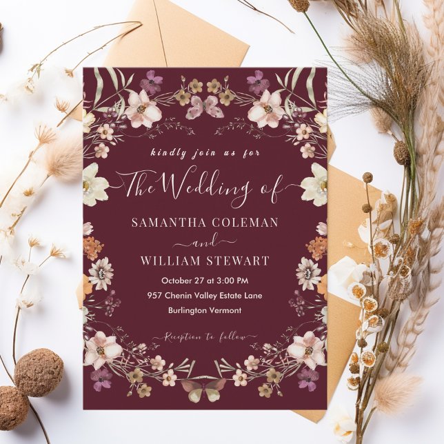Pastel Boho Wildblume Rustic Burgundy Wedding Einladung (Von Creator hochgeladen)