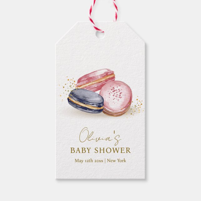 Pastel Bonjour Bébé French Macarons Babydusche Geschenkanhänger (Vorderseite)