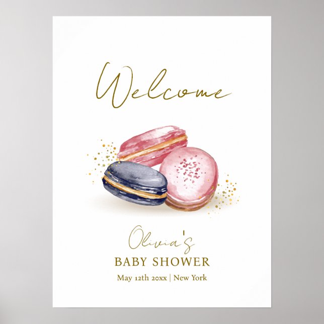 Pastel Bonjour Bébé Macarons Babydusche Willkommen Poster (Vorne)