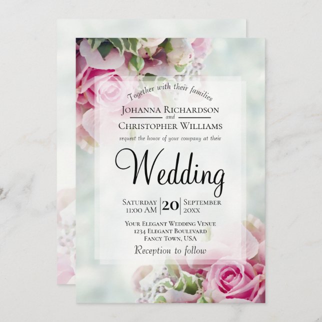 Pastel Bouquet Pink Roses & Peony Buds Hochzeit Einladung (Vorne/Hinten)