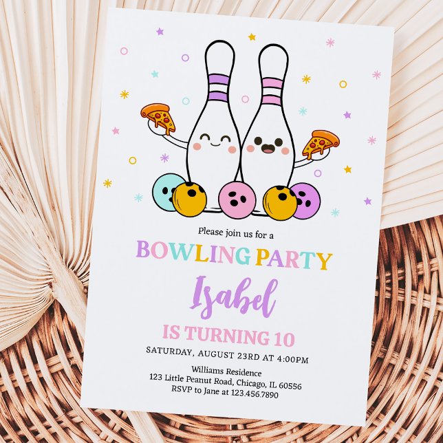Pastel Bowling und Pizza Geburtstagsparty Einladung (Von Creator hochgeladen)