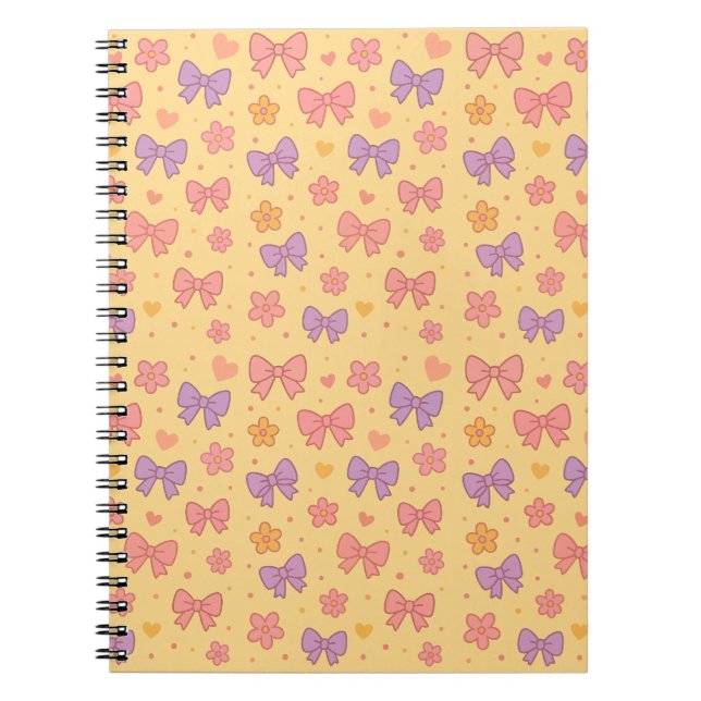 Pastel Bows & Flowers Pattern – Cute Yellow Girly Notizblock (Vorderseite)