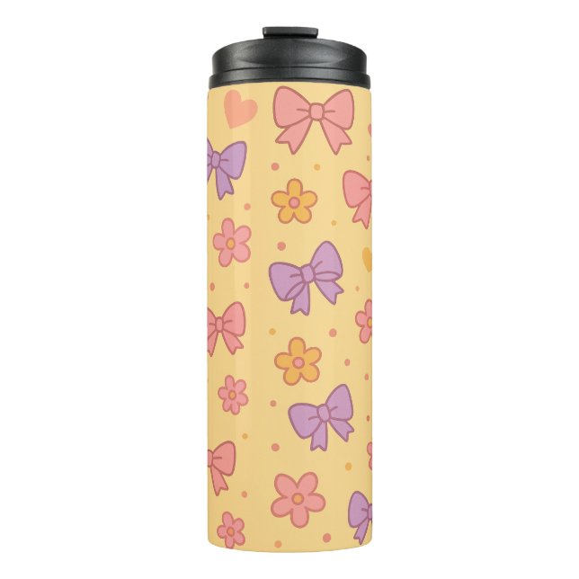 Pastel Bows & Flowers Pattern – Cute Yellow Girly  Thermosbecher (Vorderseite)