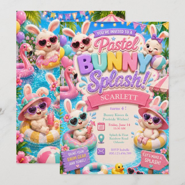 Pastel Bunny Splash Geburtstag - Poolparty Einladung (Vorne/Hinten)