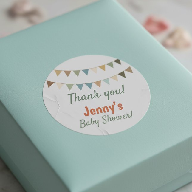 Pastel buntbaby Dusche danke Runder Aufkleber (Pastel bunting baby shower thank you classic round sticker.)