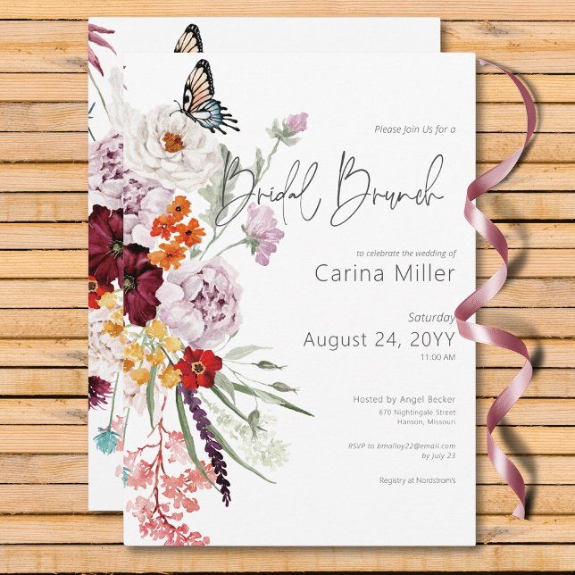 Pastel & Burgundy Blooms Bloral Bridal Brunch Einladung (Pastel & Burgundy Blooms Floral Bridal Brunch Invitation)