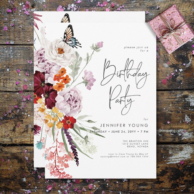Pastel & Burgundy Blooms Moderne Blumengeburt Einladung (Pastel & Burgundy Blooms Modern Floral Birthday Invitation)