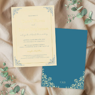 Pastel Butter Yellow Dusty Blue Minimal Wedding Folieneinladung