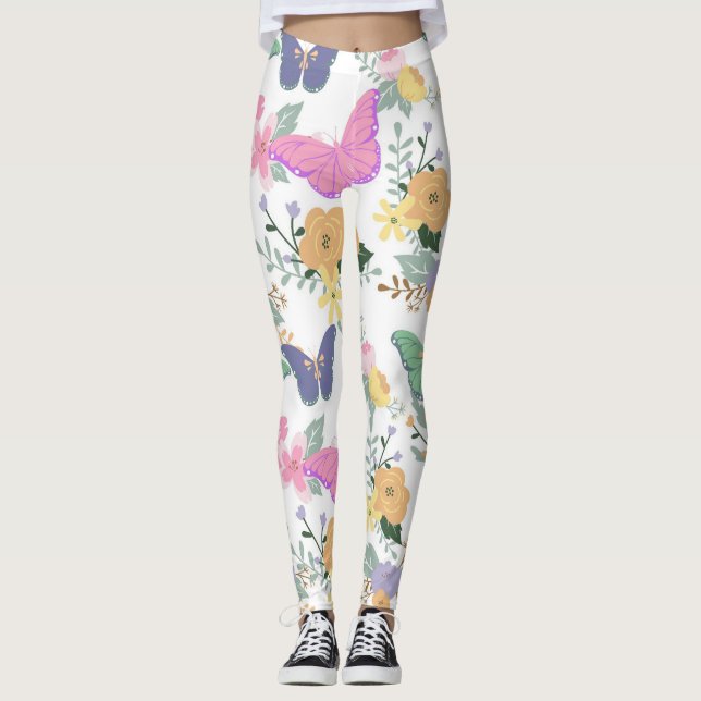 Pastel Butterfliegen und Blume Leggings (Vorderseite)