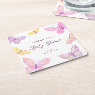 Pastel Butterflies Pink Lila Baby Dusche Rechteckiger Pappuntersetzer