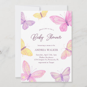 Pastel Butterflies Pink Lila Elegant Babydusche Einladung