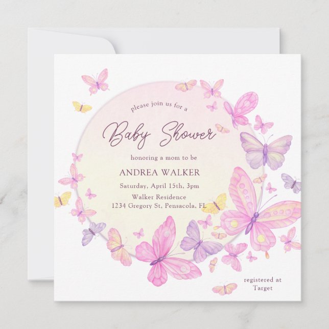 Pastel Butterflies Pink Purple Elegant Baby Shower Einladung (Vorderseite)