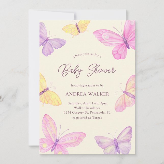Pastel Butterflies Pink Purple Elegant Baby Shower Einladung (Vorderseite)