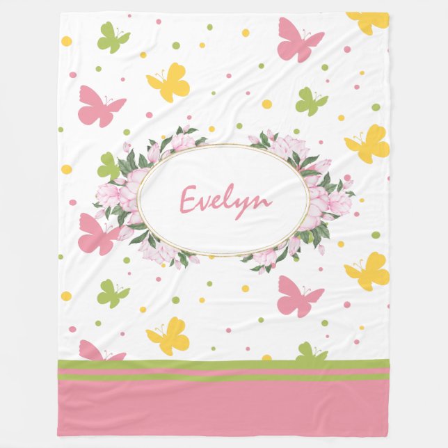 Pastel Butterfly Muster mit Blume und Namen Fleecedecke (Vorderseite)