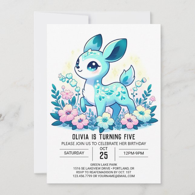 Pastel Cartoon Deer Digital Geburtstag Einladung (Vorderseite)