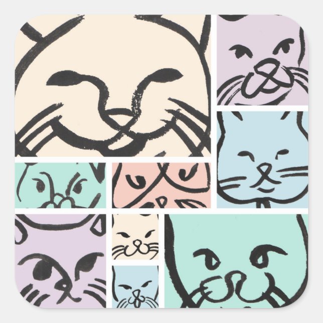 Pastel Cat Faces Quadratischer Aufkleber (Vorderseite)
