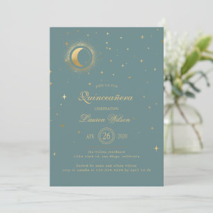 Pastel Celestial Gold Moon Stars Quinceanera Einladung