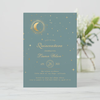 Pastel Celestial Gold Moon Stars Quinceanera Einladung
