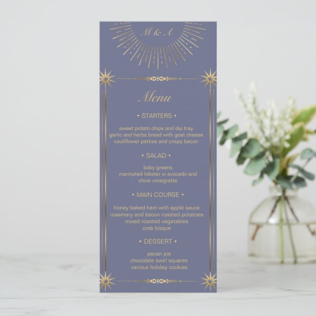 Pastel Celestial Gold Wedding Dinner Menu Card Einladung (Stehend Vorderseite)