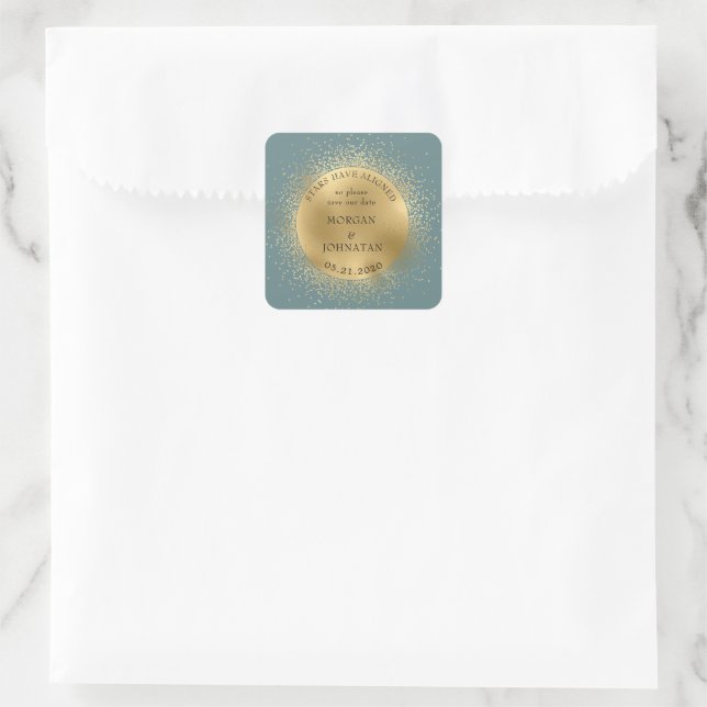 Pastel Celestial Midnight Gold Moon Save the Date Quadratischer Aufkleber (Tasche)