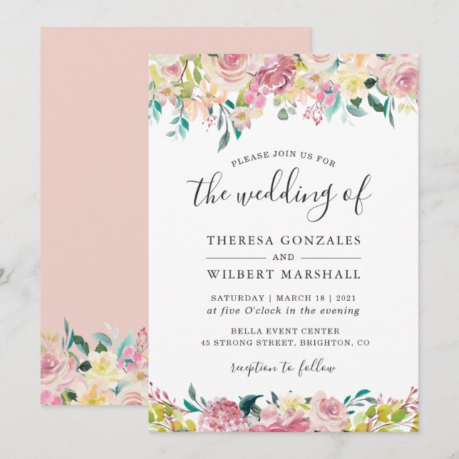 Pastel Chic Spring Blush Botanical Floral Wedding Einladung (Vorne/Hinten)