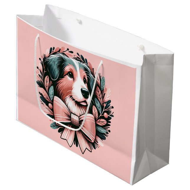 Pastel Christmas Australian Shepherd Wreath Große Geschenktüte (Vorderseite Schrägansicht)