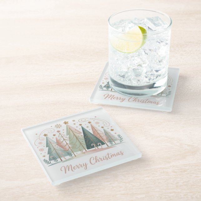 Pastel Christmas Trees Glasuntersetzer (Schrägansicht)