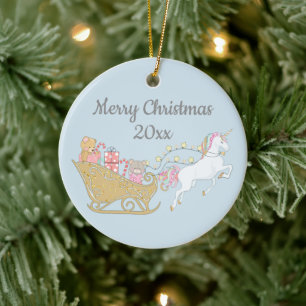 Pastel Christmas Unicorn Santa's Sleigh Baby Blue Keramik Ornament