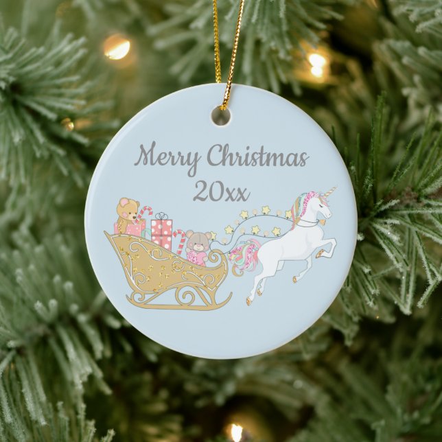 Pastel Christmas Unicorn Santa's Sleigh Baby Blue Keramik Ornament (Baum)