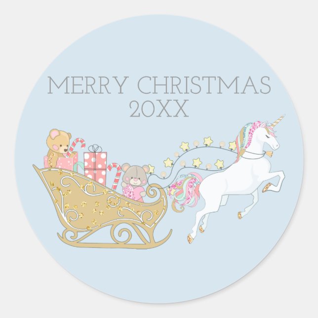 Pastel Christmas Unicorn Santa's Sleigh Baby Blue Runder Aufkleber (Vorderseite)