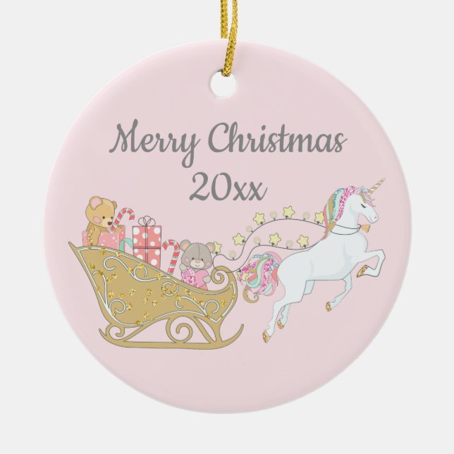 Pastel Christmas Unicorn Santa's Sleigh Pink Keramik Ornament (Vorne)