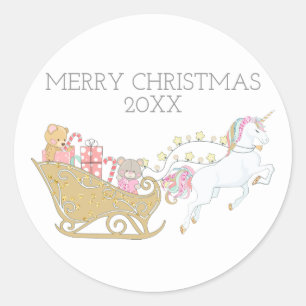 Pastel Christmas Unicorn Santa's Sleigh White Runder Aufkleber
