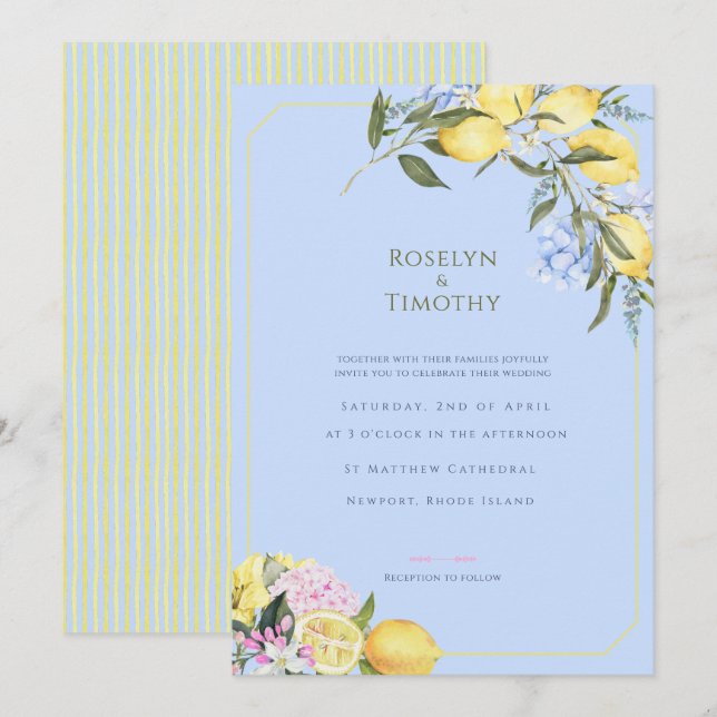 Pastel Citrus Blue Watercolor Floral Wedding Einladung (Vorne/Hinten)