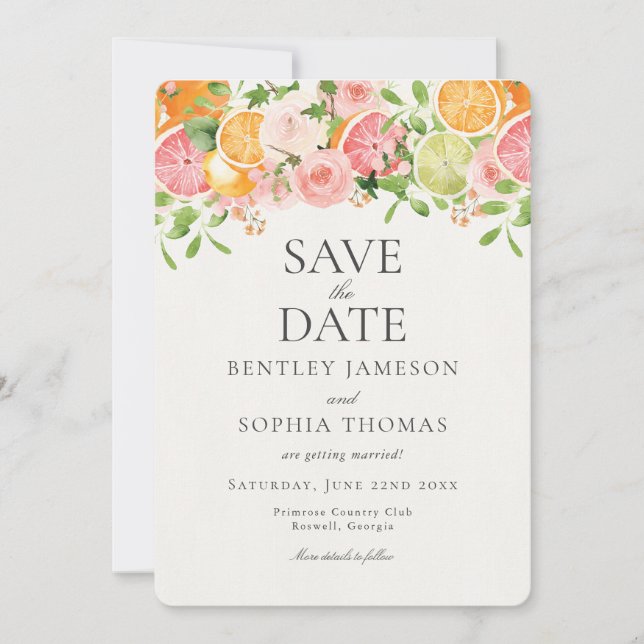 Pastel Citrus Floral Main Squeeze Save the Date Einladung (Vorderseite)