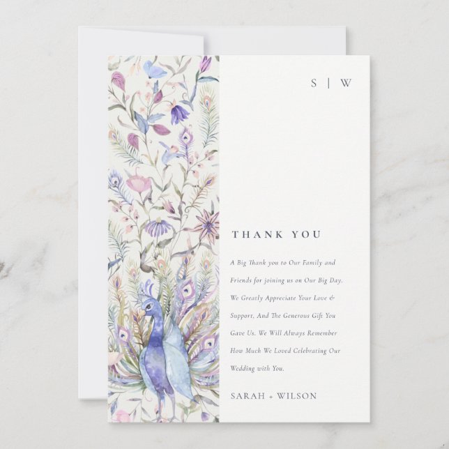 Pastel Classy Verziert Watercolor Peacock Wedding Dankeskarte (Vorderseite)