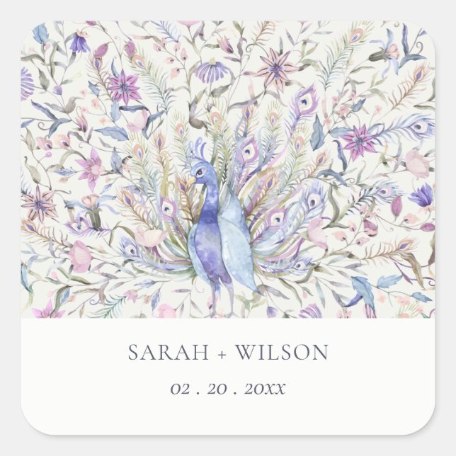 Pastel Classy Verziert Watercolor Peacock Wedding Quadratischer Aufkleber (Vorderseite)