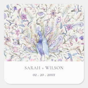 Pastel Classy Verziert Watercolor Peacock Wedding Quadratischer Aufkleber