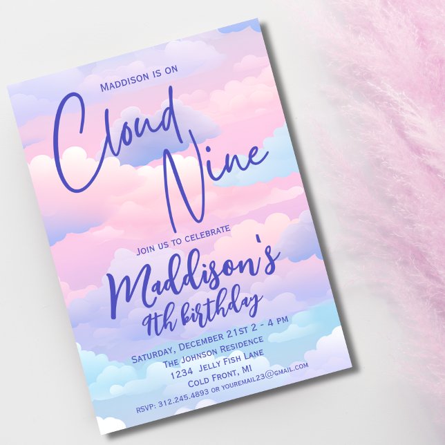 Pastel Cloud 9 Mädchen 9. Geburtstag Einladung (Von Creator hochgeladen)