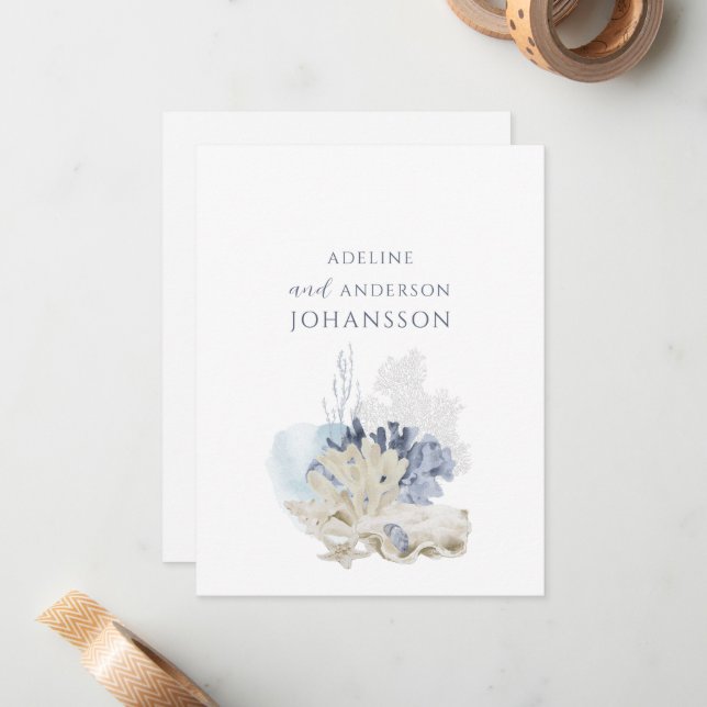 Pastel Coastal Coral Seashell Couple Names Mitteilungskarte (Vorderseite/Rückseite Beispiel)