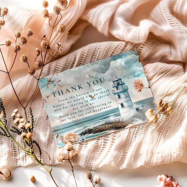 Pastel Coastal Lighthouse Ocean Wedding Dankeskarte (Von Creator hochgeladen)